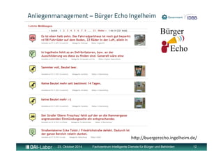 Anliegenmanagement – Bürger Echo Ingelheim 
http://buergerecho.ingelheim.de/ 
23. Oktober 2014 Fachzentrum Intelligente Dienste für Bürger und Behörden 12 
 