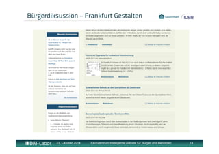 Bürgerdiksussion – Frankfurt Gestalten 
23. Oktober 2014 Fachzentrum Intelligente Dienste für Bürger und Behörden 14 
 
