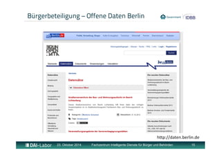 Bürgerbeteiligung – Offene Daten Berlin 
http://daten.berlin.de 
23. Oktober 2014 Fachzentrum Intelligente Dienste für Bürger und Behörden 15 
 