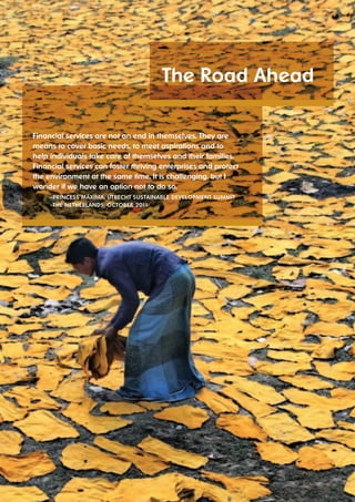 Financial services are not an end in themselves They are 
means to cover basic needs, to meet aspirations and to 
help individuals take care of themselves and their families 
Financial services can foster thriving enterprises and protect 
the environment at the same time It is challenging, but I 
wonder if we have an option not to do so 
— PRINCESS MáxIMA, UTRECHT SUSTAINAblE dEvElOPMENT SUMMIT 
THE NETHERlANdS, OCTObER 2011 
19 UNSGSA ANNUAL REPORT 2012 
The Road Ahead 
 