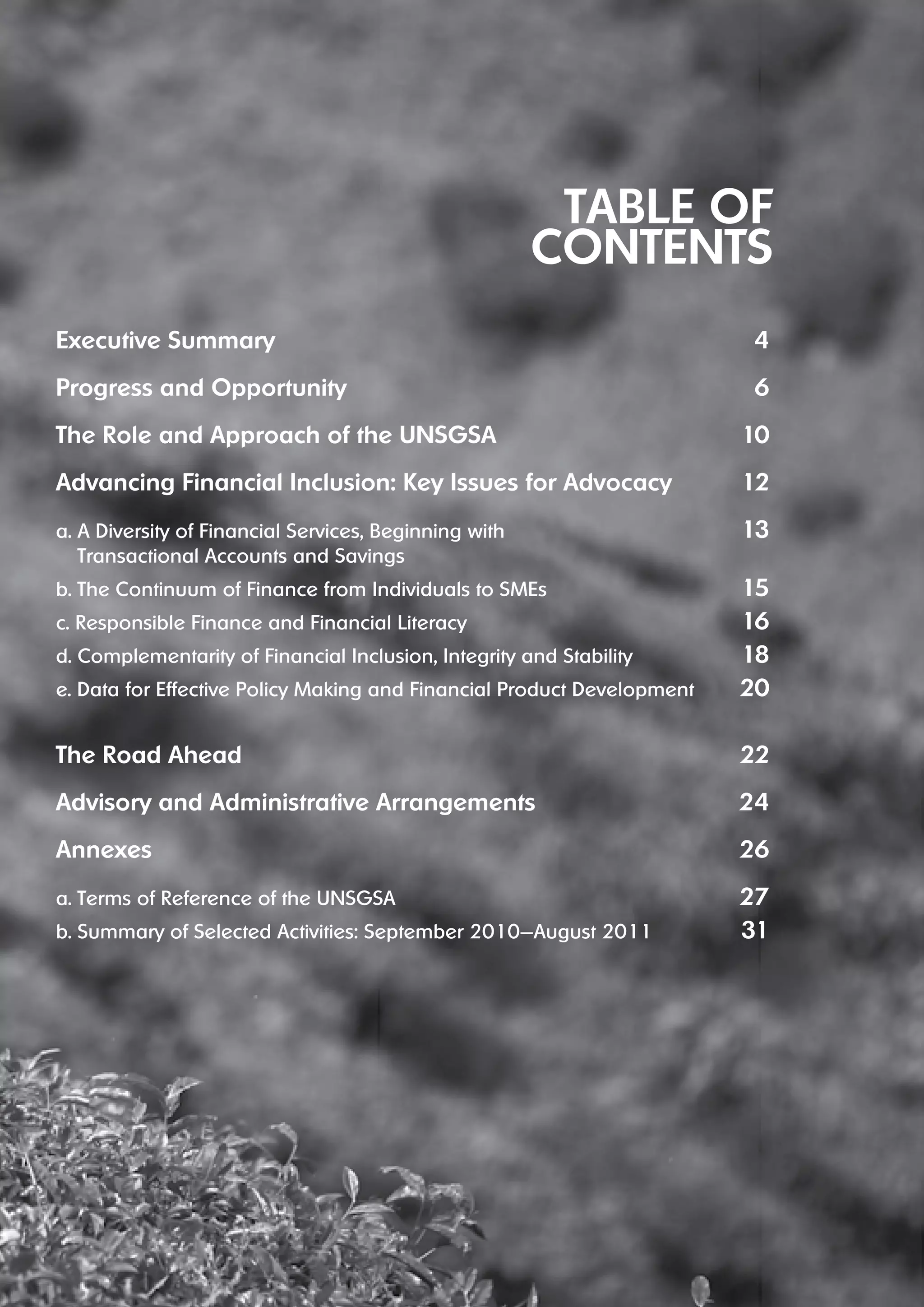 Executive Summary 4 
Progress and Opportunity 6 
The Role and Approach of the UNSGSA 10 
Advancing Financial inclusion: Key issues for Advocacy 12 
a. A Diversity of Financial Services, Beginning with 13 
Transactional Accounts and Savings 
b. The Continuum of Finance from Individuals to SMEs 15 
c. Responsible Finance and Financial Literacy 16 
d. Complementarity of Financial Inclusion, Integrity and Stability 18 
e. Data for Effective Policy Making and Financial Product Development 20 
The Road Ahead 22 
Advisory and Administrative Arrangements 24 
Annexes 26 
a. Terms of Reference of the UNSGSA 27 
b. Summary of Selected Activities: September 2010—August 2011 31 
 