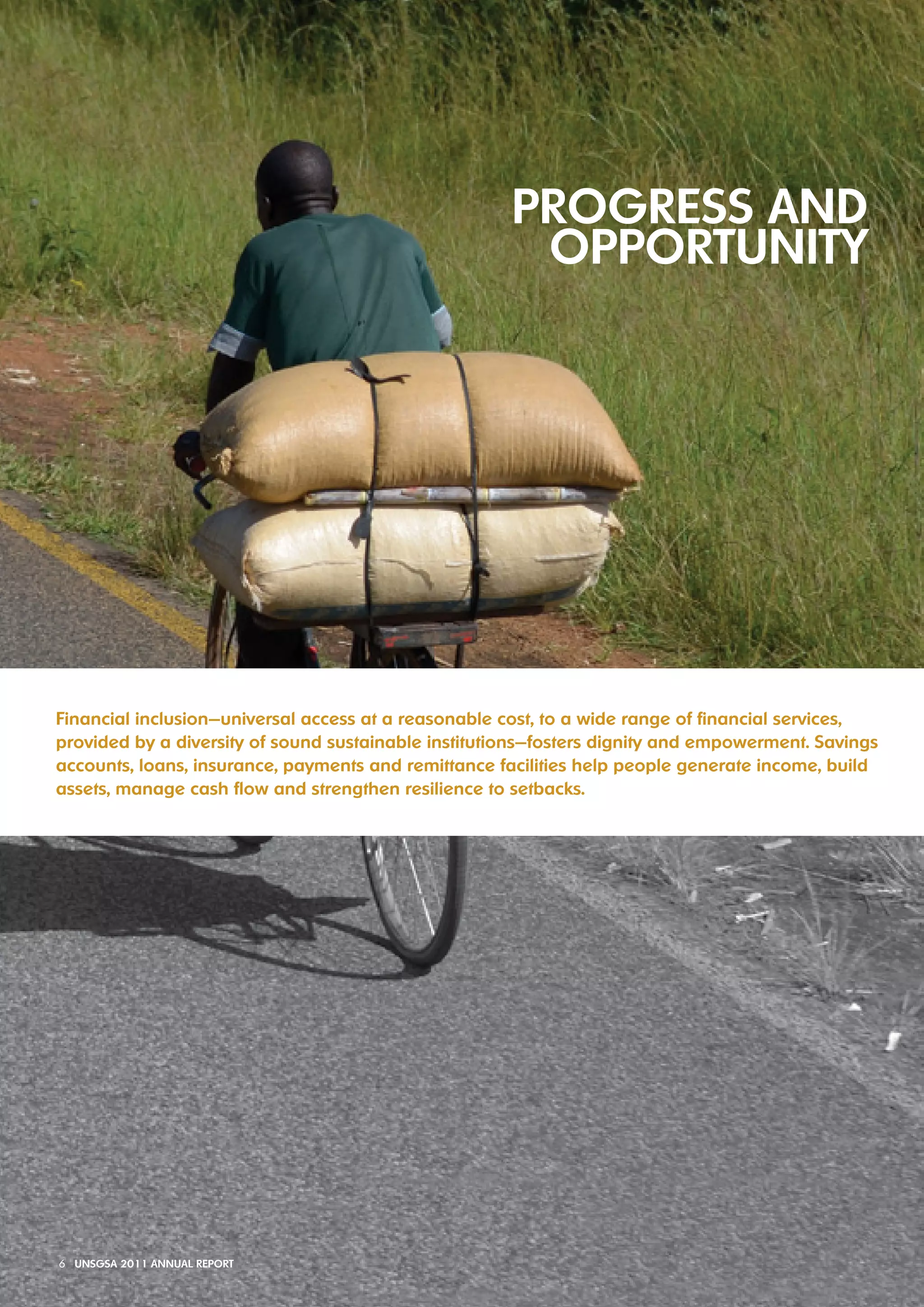 Financial inclusion—universal access at a reasonable cost, to a wide range of financial services, 
provided by a diversity of sound sustainable institutions—fosters dignity and empowerment. Savings 
accounts, loans, insurance, payments and remittance facilities help people generate income, build 
assets, manage cash flow and strengthen resilience to setbacks. 
6 UNSGSA 2011 ANNUAL REPORT 
 