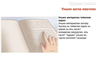 Унших матералаа тоймлож
харах:
Унших материалаа эхлээд
бүхэлд нь тоймлож харах нь
дараа нь аль хэсэгт
анхаарлаа хандуулах, аль
хэсэгт “хурдан” унших вэ
гэдгээ сонгохоп тусалдаг.
http://dlibrary.mn
 