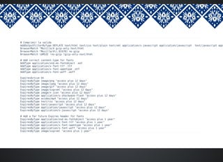 # Comprimir la salida
AddOutputFilterByType DEFLATE text/html text/css text/plain text/xml application/x-javascript application/javascript text/javascript appl
BrowserMatch ^Mozilla/4 gzip-only-text/html
BrowserMatch ^Mozilla/4.0[678] no-gzip
BrowserMatch bMSIE !no-gzip !gzip-only-text/html
# Add correct content-type for fonts
AddType application/vnd.ms-fontobject .eot
AddType application/x-font-ttf .ttf
AddType application/x-font-opentype .otf
AddType application/x-font-woff .woff
ExpiresActive On
ExpiresByType image/png "access plus 12 days"
ExpiresByType image/jpeg "access plus 12 days"
ExpiresByType image/gif "access plus 12 days"
ExpiresByType image/svg+xml "access plus 12 days"
ExpiresByType image/x-icon "access plus 12 days"
ExpiresByType application/x-shockwave-flash "access plus 12 days"
ExpiresByType avideo/mp4 "access plus 12 days"
ExpiresByType text/css "access plus 12 days"
ExpiresByType text/javascript "access plus 12 days"
ExpiresByType application/javascript "access plus 12 days"
ExpiresByType application/x-javascript "access plus 12 days"
# Add a far future Expires header for fonts
ExpiresByType application/vnd.ms-fontobject "access plus 1 year"
ExpiresByType application/x-font-ttf "access plus 1 year"
ExpiresByType application/x-font-opentype "access plus 1 year"
ExpiresByType application/x-font-woff "access plus 1 year"
ExpiresByType image/svg+xml "access plus 1 year"
 