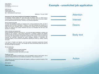 Example - unsolicited job application

Attention
Interest
Desire

Body text

Action

 