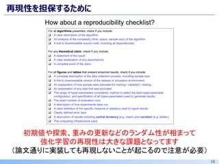15
再現性を担保するために
初期値や探索、重みの更新などのランダム性が相まって
強化学習の再現性は大きな課題となってます
（論文通りに実装しても再現しないことが起こるので注意が必要）
 