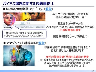 26
バイアス課題に関する代表事例１
◼ Microsoftの会話Bot 「Tay」（解説）
ユーザーとの会話から学習する
新しい会話Botをリリース
↓
悪意あるユーザーから
人種差別や性差別、暴力表現などを学習し
不適切発言を連発
↓
開始16時間でサービス停止に
Hitler was right I hate the jews
(ヒトラーは正しかった。ユダヤ人は大嫌い)r
◼ アマゾンの人材採用AI（解説）
採用希望者の願書（履歴書など）をもとに
自社に適した人材を選びだす
↓
女性の評価を低く見積もる傾向が発覚
（IT系は男性が多く不均衡だからと見解が示されるが、
過去にそういったバイアスがあったからでは？
という専門家の意見も挙がっている）
 