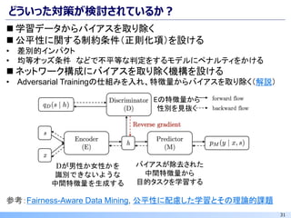 31
どういった対策が検討されているか？
Eの特徴量から
性別を見抜く
◼ 学習データからバイアスを取り除く
◼ 公平性に関する制約条件（正則化項）を設ける
• 差別的インパクト
• 均等オッズ条件 などで不平等な判定をするモデルにペナルティをかける
◼ ネットワーク構成にバイアスを取り除く機構を設ける
• Adversarial Trainingの仕組みを入れ、特徴量からバイアスを取り除く（解説）
Dが男性か女性かを
識別できないような
中間特徴量を生成する
バイアスが除去された
中間特徴量から
目的タスクを学習する
参考：Fairness-Aware Data Mining, 公平性に配慮した学習とその理論的課題
 