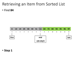 Retrieving an Item from Sorted List
• Find 84
• Step 1
8
2
1 3 4 6
5 7 10
9 11 12 14
13
0
64
14
13 25 33 51
43 53 84
72 93 95 97
96
6
first last
mid
=(0+14)/2
 