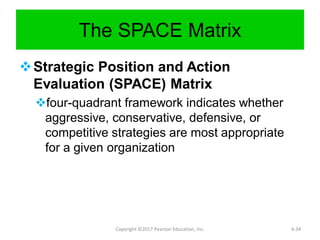 Types of Strategies
 Most organizations simultaneously pursue a
combination of two or more strategies, but a
combination strategy can be exceptionally
risky if carried too far.
 No organization can afford to pursue all the
strategies that might benefit the firm.
 Difficult decisions must be made and
priorities must be established.
Copyright ©2017 Pearson Education, Inc. 5-7
 