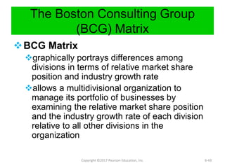The Boston Consulting Group
(BCG) Matrix
BCG Matrix
graphically portrays differences among
divisions in terms of relative market share
position and industry growth rate
allows a multidivisional organization to
manage its portfolio of businesses by
examining the relative market share position
and the industry growth rate of each division
relative to all other divisions in the
organization
Copyright ©2017 Pearson Education, Inc. 6-43
 