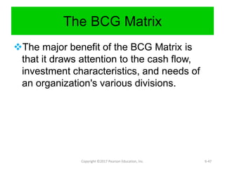 The BCG Matrix
The major benefit of the BCG Matrix is
that it draws attention to the cash flow,
investment characteristics, and needs of
an organization's various divisions.
Copyright ©2017 Pearson Education, Inc. 6-47
 