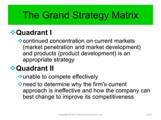 The Grand Strategy Matrix
Quadrant I
continued concentration on current markets
(market penetration and market development)
and products (product development) is an
appropriate strategy
Quadrant II
unable to compete effectively
need to determine why the firm's current
approach is ineffective and how the company can
best change to improve its competitiveness
Copyright ©2017 Pearson Education, Inc. 6-53
 