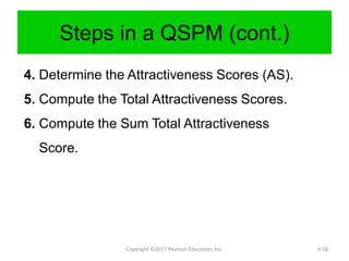 Steps in a QSPM (cont.)
4. Determine the Attractiveness Scores (AS).
5. Compute the Total Attractiveness Scores.
6. Compute the Sum Total Attractiveness
Score.
Copyright ©2017 Pearson Education, Inc. 6-58
 