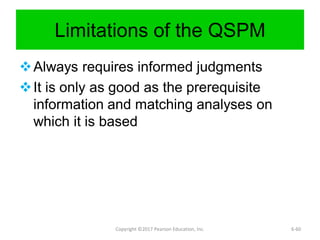 Limitations of the QSPM
Always requires informed judgments
It is only as good as the prerequisite
information and matching analyses on
which it is based
Copyright ©2017 Pearson Education, Inc. 6-60
 