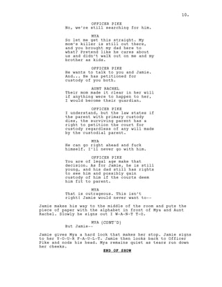 10.
OFFICER PIKE
No, we’re still searching for him.
MYA
So let me get this straight. My
mom’s killer is still out there,
and you brought my dad here to
what? Pretend like he cares about
us and didn’t walk out on me and my
brother as kids.
OFFICER PIKE
He wants to talk to you and Jamie.
And... He has petitioned for
custody of you both.
AUNT RACHEL
Their mom made it clear in her will
if anything were to happen to her,
I would become their guardian.
OFFICER PIKE
I understand, but the law states if
the parent with primary custody
dies, the surviving parent has a
right to petition the court for
custody regardless of any will made
by the custodial parent.
MYA
He can go right ahead and fuck
himself. I’ll never go with him.
OFFICER PIKE
You are of legal age make that
decision. As for Jamie, he is still
young, and his dad still has rights
to see him and possibly gain
custody of him if the courts deem
him fit to parent.
MYA
That is outrageous. This isn’t
right! Jamie would never want to--
Jamie makes his way to the middle of the room and puts the
piece of paper with the alphabet in front of Mya and Aunt
Rachel. Slowly he signs out I W-A-N-T T-O.
MYA (CONT'D)
But Jamie--
Jamie gives Mya a hard look that makes her stop. Jamie signs
to her Y-O-U-R F-A-U-L-T. Jamie then looks back to Officer
Pike and nods his head. Mya remains quiet as tears run down
her cheeks.
END OF SHOW
10.
 