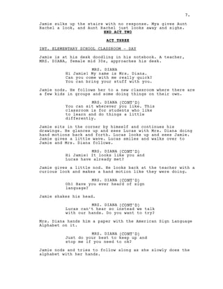 7.
Jamie sulks up the stairs with no response. Mya gives Aunt
Rachel a look, and Aunt Rachel just looks away and sighs.
END ACT TWO
ACT THREE
INT. ELEMENTARY SCHOOL CLASSROOM - DAY
Jamie is at his desk doodling in his notebook. A teacher,
MRS. DIANA, female mid 30s, approaches his desk.
MRS. DIANA
Hi Jamie! My name is Mrs. Diana.
Can you come with me really quick?
You can bring your stuff with you.
Jamie nods. He follows her to a new classroom where there are
a few kids in groups and some doing things on their own.
MRS. DIANA (CONT'D)
You can sit wherever you like. This
classroom is for students who like
to learn and do things a little
differently.
Jamie sits in the corner by himself and continues his
drawings. He glances up and sees Lucas with Mrs. Diana doing
hand motions back and forth. Lucas looks up and sees Jamie.
Jamie gives a little wave. Lucas smiles and walks over to
Jamie and Mrs. Diana follows.
MRS. DIANA (CONT'D)
Hi Jamie! It looks like you and
Lucas have already met?
Jamie gives a little nod. He looks back at the teacher with a
curious look and makes a hand motion like they were doing.
MRS. DIANA (CONT'D)
Oh! Have you ever heard of sign
language?
Jamie shakes his head.
MRS. DIANA (CONT'D)
Lucas can’t hear so instead we talk
with our hands. Do you want to try?
Mrs. Diana hands him a paper with the American Sign Language
Alphabet on it.
MRS. DIANA (CONT'D)
Just do your best to keep up and
stop me if you need to ok?
Jamie nods and tries to follow along as she slowly does the
alphabet with her hands.
7.
 