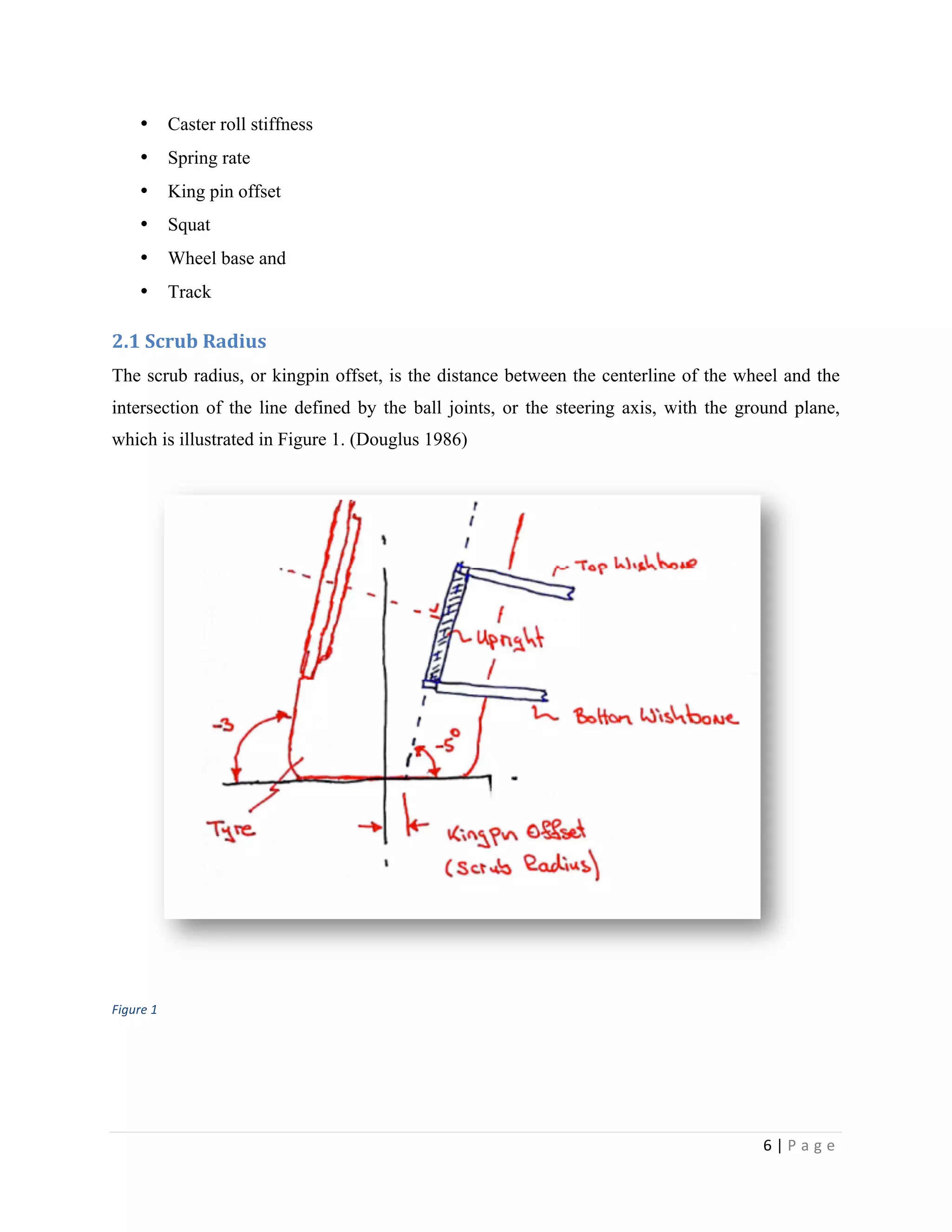 6	
  |	
  P a g e 	
  
	
  
• Caster roll stiffness
• Spring rate
• King pin offset
• Squat
• Wheel base and
• Track
2.1	
  Scrub	
  Radius
The scrub radius, or kingpin offset, is the distance between the centerline of the wheel and the
intersection of the line defined by the ball joints, or the steering axis, with the ground plane,
which is illustrated in Figure 1. (Douglus 1986)
	
  
Figure	
  1	
  
 