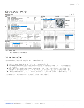 5
UNSPSC サンプル
SoftNis UNSPSCワークベンチ
sales@softnis.com 概念実証用のデータサンプルを提供する（費用なし、義務なし）
UNSPSCワークベンチ
現在のUNSPSCワークベンチ（V2.0）には以下の機能があります。
• リポジトリ検索: 製品は1000万以上のデータベースで検索されます。
• 名詞修飾検索: UNSPSCが実装された8,000以上の製品の名詞 - 修飾語辞書があります（すべての標準製品の
100％の範囲）。
• 商品イメージ:各名詞修飾子は商品画像に関連付けられており、一致する場合は同じものが表示されます。
• 自動翻訳:データが英語以外の場合、ソフトウェアはGoogle APIを使用して入力データを英語に変換します。
• 自動UNSPSC検索:製品名（入力ファイルからのキーワード）は、UNSPSCファイルで自動的に検索されます。
上記の機能により、英語以外のデータでも95％以上の品質を達成できます。
図(3） UNSPSCワークベンチ(V2.0)
 