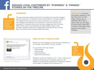 ENGAGE LOYAL CUSTOMERS BY “STARRING” & “PINNING”
STORIES ON THE TIMELINE!
OVERVIEW

Don’t overthink
it: email best
practices for
engaging
content apply to
Facebook too.

The way consumers interact with brands on Facebook has recently changed
with the introduction of Facebook’s new Timeline feature. The basic profile or
Fan Page that was previously a vessel for promotion now requires much
more thought and creativity to be successful. In order for a brand to be
successful on Facebook today, they must see engagement from their fans.
While it does require more strategy and higher-quality content, it also
provides a greater opportunity to engage with previously idle fans, turning
them into customers and eventual brand advocates.

FIELD FACT: A “pinned”
post always appears in the
top left corner of a Fan
Page Timeline and is
identified with a flag. It
stays at the top of a Page
for seven days. After that,
it’ll return to the date it was
posted on the Page’s
Timeline.

HOW TO PUT IT INTO ACTION
Gather your most engaging content and draw attention to it
by “starring” and “pinning” it to your Timeline.
For your brand, this may include:
•  Video footage
•  Commercials
•  Event promotions
•  Special announcements

Example of a “pinned” post.

Copyright @. Unspun Consulting Group

Whatever content you decide to “pin” or “star,” make sure it’s
capable of enhancing your Facebook presence. Your
network of Facebook fans should find it interesting, relevant,
and be eager to engage with you because of it.

Engaging
content
produces
resultsclicks, “likes,”
comments, etc...

 
