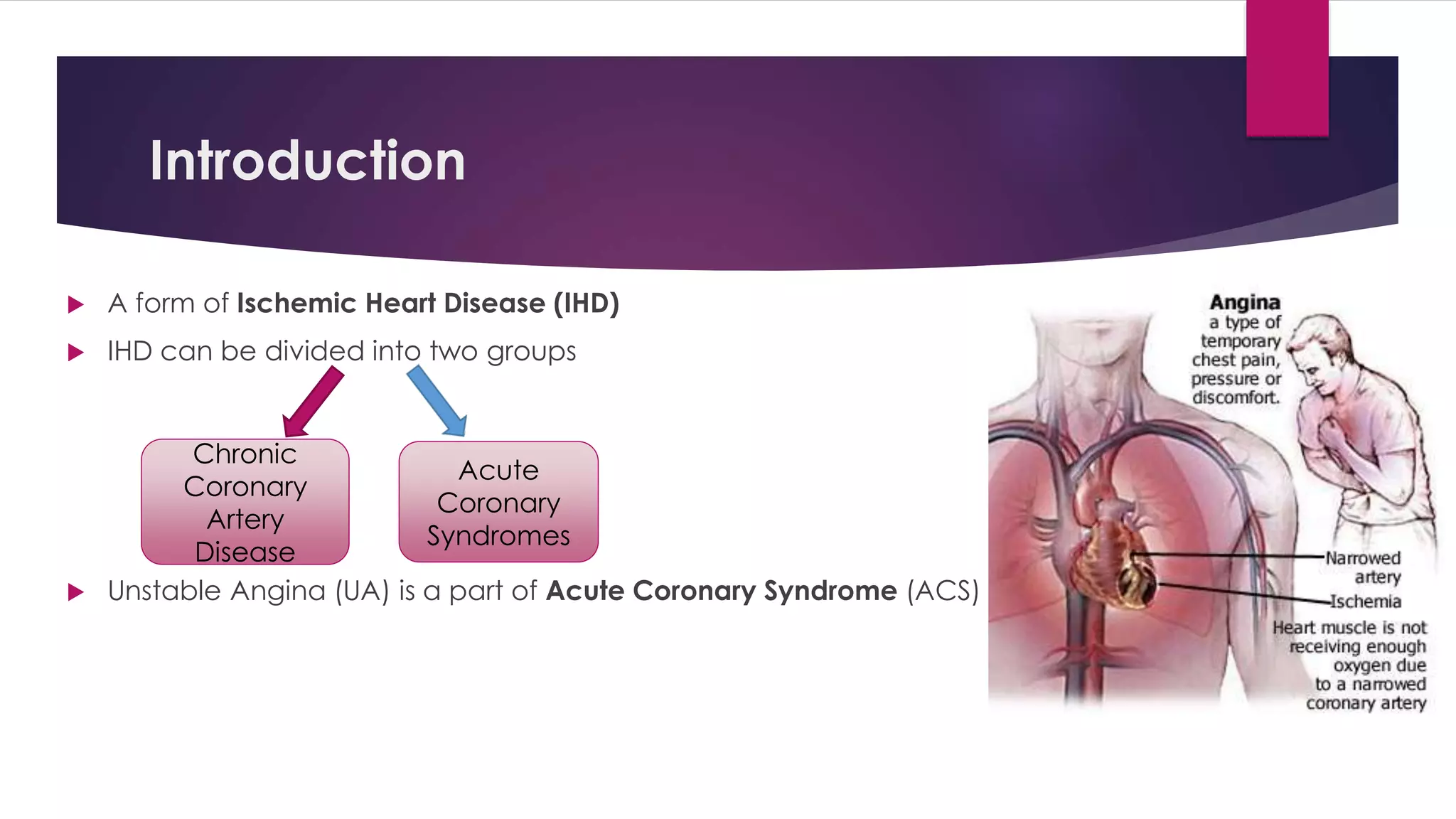 Introduction
 A form of Ischemic Heart Disease (IHD)
 IHD can be divided into two groups
 Unstable Angina (UA) is a part of Acute Coronary Syndrome (ACS)
Chronic
Coronary
Artery
Disease
Acute
Coronary
Syndromes
 