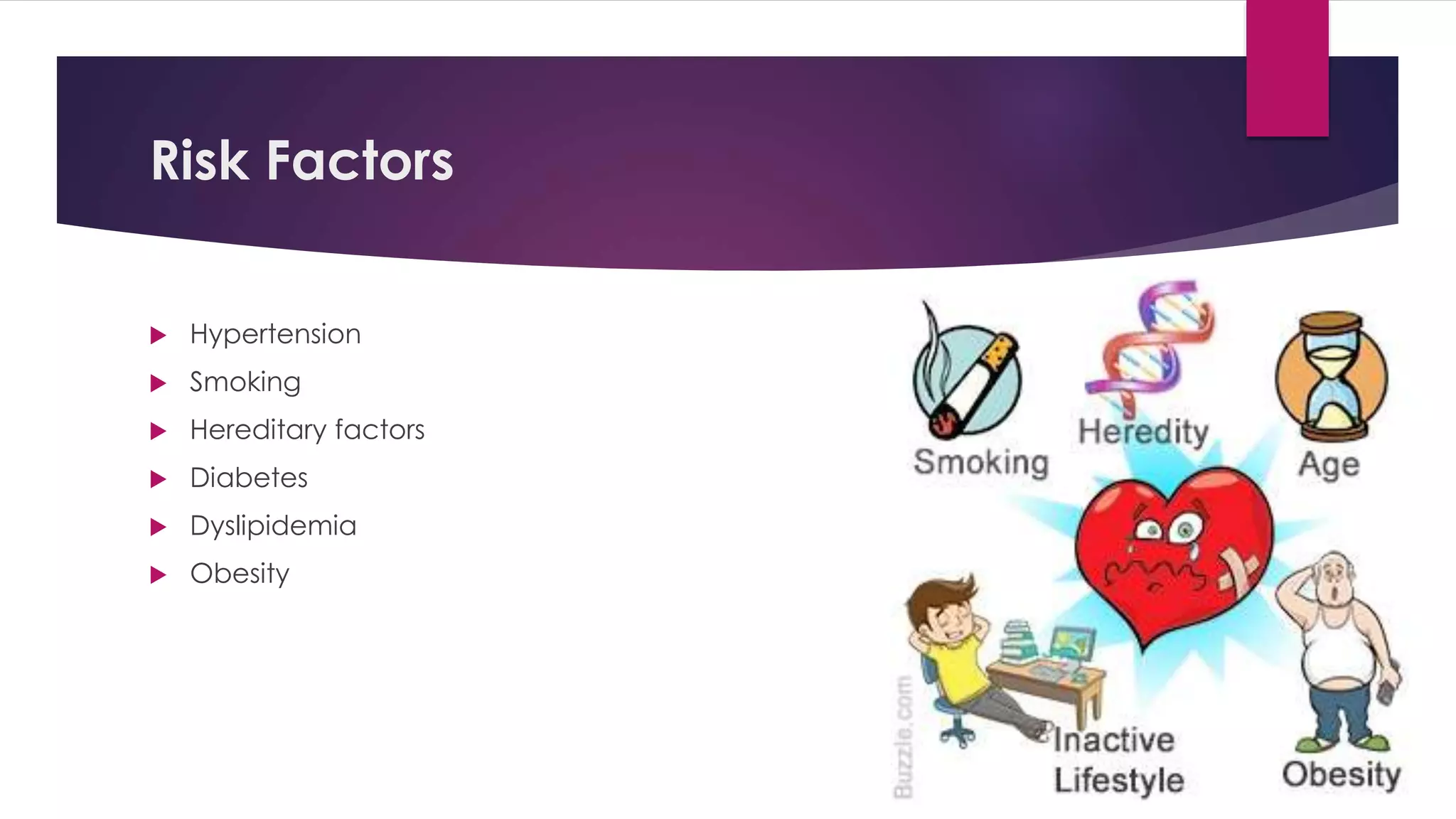 Risk Factors
 Hypertension
 Smoking
 Hereditary factors
 Diabetes
 Dyslipidemia
 Obesity
 