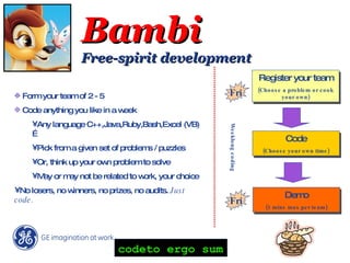 Bambi Free-spirit development codeto ergo sum Form your team of 2 - 5 Code anything you like in a week Any language C++,Java,Ruby,Bash,Excel (VB) … Pick from a given set of problems / puzzles Or, think up your own problem to solve May or may not be related to work, your choice No losers, no winners, no prizes, no audits.  Just code. Register your team (Choose a problem or cook your own) Code (Choose your own time) Demo (5 mins max per team) Fri Fri Weeklong coding 