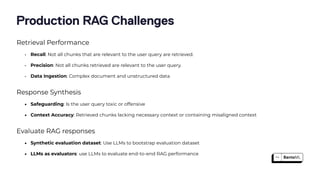Production RAG Challenges
Retrieval Performance
• Recall: Not all chunks that are relevant to the user query are retrieved.
• Precision: Not all chunks retrieved are relevant to the user query.
• Data Ingestion: Complex document and unstructured data
Response Synthesis
• Safeguarding: Is the user query toxic or offensive
• Context Accuracy: Retrieved chunks lacking necessary context or containing misaligned context
Evaluate RAG responses
• Synthetic evaluation dataset: Use LLMs to bootstrap evaluation dataset
• LLMs as evaluators: use LLMs to evaluate end-to-end RAG performance
 