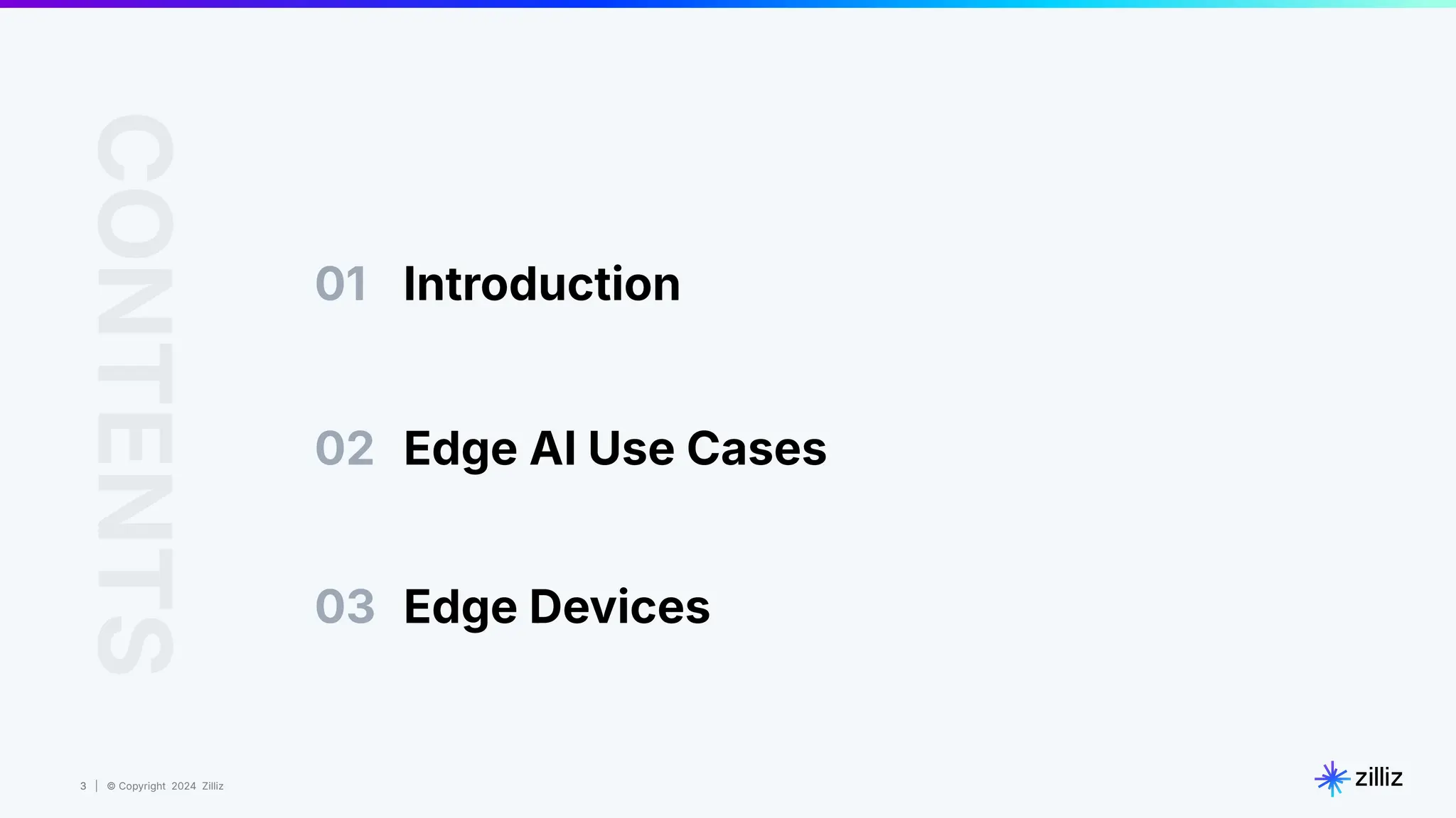 3 | © Copyright 2024 Zilliz
3
01 Introduction
CONTENTS
02 Edge AI Use Cases
03 Edge Devices
 