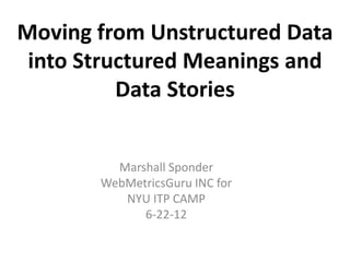 Moving from Unstructured Data
 into Structured Meanings and
          Data Stories


         Marshall Sponder
       WebMetricsGuru INC for
          NYU ITP CAMP
             6-22-12
 