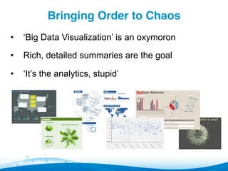 Bringing Order to Chaos!
•  ‘Big Data Visualization’ is an oxymoron
•  Rich, detailed summaries are the goal
•  ‘It’s the analytics, stupid’
 