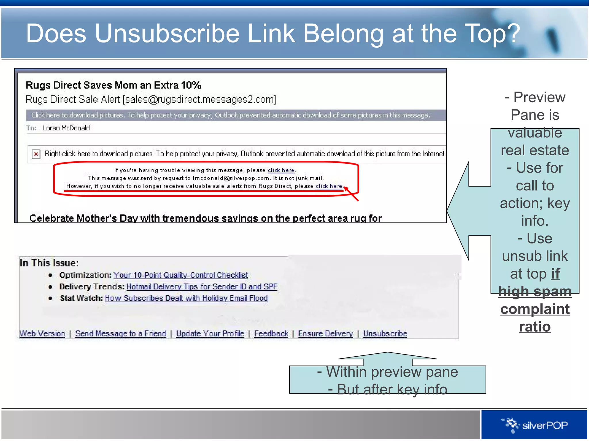 Does Unsubscribe Link Belong at the Top? Preview Pane is valuable real estate Use for call to action; key info. Use unsub link at top  if high spam complaint ratio Within preview pane But after key info 