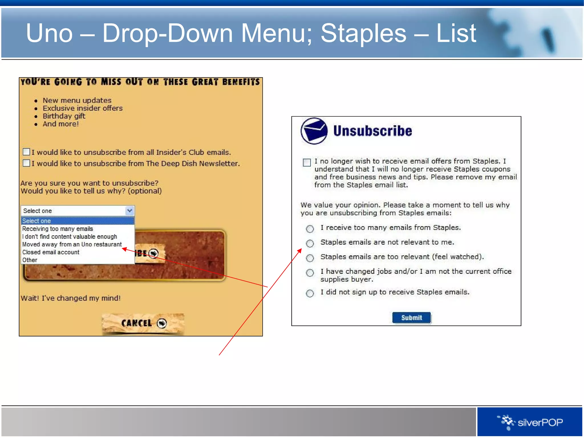 Uno – Drop-Down Menu; Staples – List 