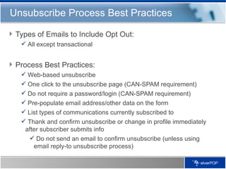 Unsubscribe Process Best Practices Types of Emails to Include Opt Out: All except transactional Process Best Practices: Web-based unsubscribe  One click to the unsubscribe page (CAN-SPAM requirement) Do not require a password/login (CAN-SPAM requirement) Pre-populate email address/other data on the form List types of communications currently subscribed to Thank and confirm unsubscribe or change in profile immediately after subscriber submits info Do not send an email to confirm unsubscribe (unless using email reply-to unsubscribe process) 