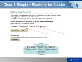 Clear & Simple + Flexibility for Sender <ul><li>Frequency caps can impact: </li></ul><ul><li>Trigger- and behavior-based e...
