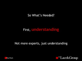 The Pitch So What’s Needed? First,  understanding Not more experts, just understanding 