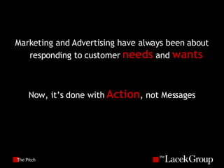 The Pitch Marketing and Advertising have always been about responding to customer  needs  and  wants Now, it’s done with  Action , not Messages 