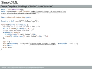SimpleXML
Scrape Craigslist - Searching for “leather” under “furniture”
$html = new DOMDocument();
$html->loadHTML(file_ge...