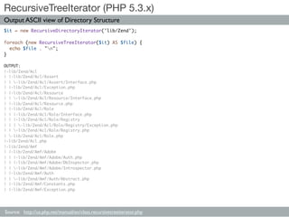 RecursiveTreeIterator (PHP 5.3.x)
Output ASCII view of Directory Structure
$it = new RecursiveDirectoryIterator('lib/Zend'...