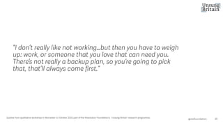 “I don’t really like not working…but then you have to weigh
up: work, or someone that you love that can need you.
There’s not really a backup plan, so you’re going to pick
that, that’ll always come first.”
20
@resfoundation
Quotes from qualitative workshop in Worcester in October 2024, part of the Resolution Foundation’s ‘Unsung Britain’ research programme.
 