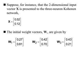  Suppose, for instance, that the 2-dimensional input
vector X is presented to the three-neuron Kohonen
network,
 The initial weight vectors, Wj, are given by







12
.
0
52
.
0
X







81
.
0
27
.
0
1
W 






70
.
0
42
.
0
2
W 






21
.
0
43
.
0
3
W
 