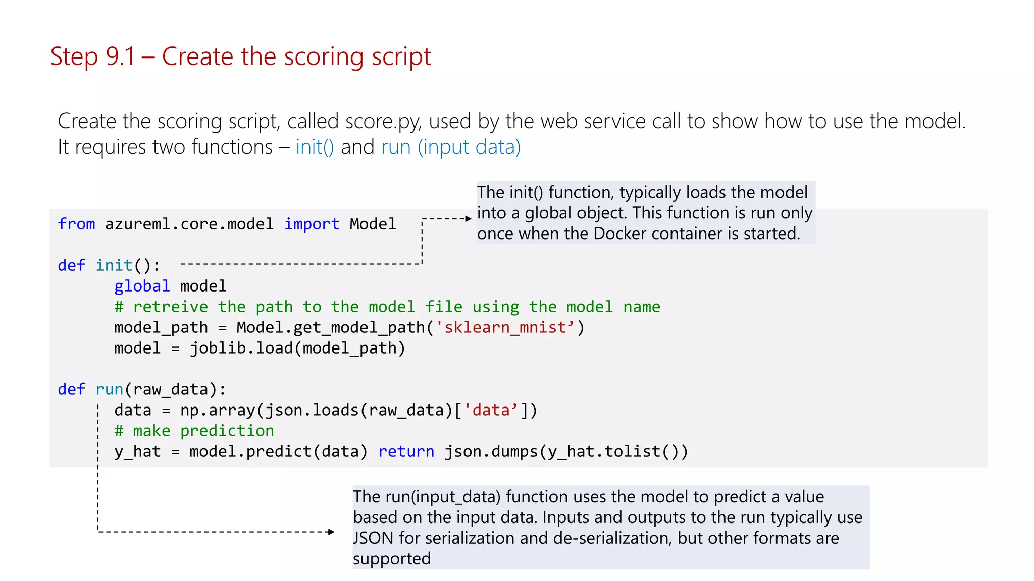 Step 9.1 – Create the scoring script
Create the scoring script, called score.py, used by the web service call to show how to use the model.
It requires two functions – init() and run (input data)
from azureml.core.model import Model
def init():
global model
# retreive the path to the model file using the model name
model_path = Model.get_model_path('sklearn_mnist’)
model = joblib.load(model_path)
def run(raw_data):
data = np.array(json.loads(raw_data)['data’])
# make prediction
y_hat = model.predict(data) return json.dumps(y_hat.tolist())
 