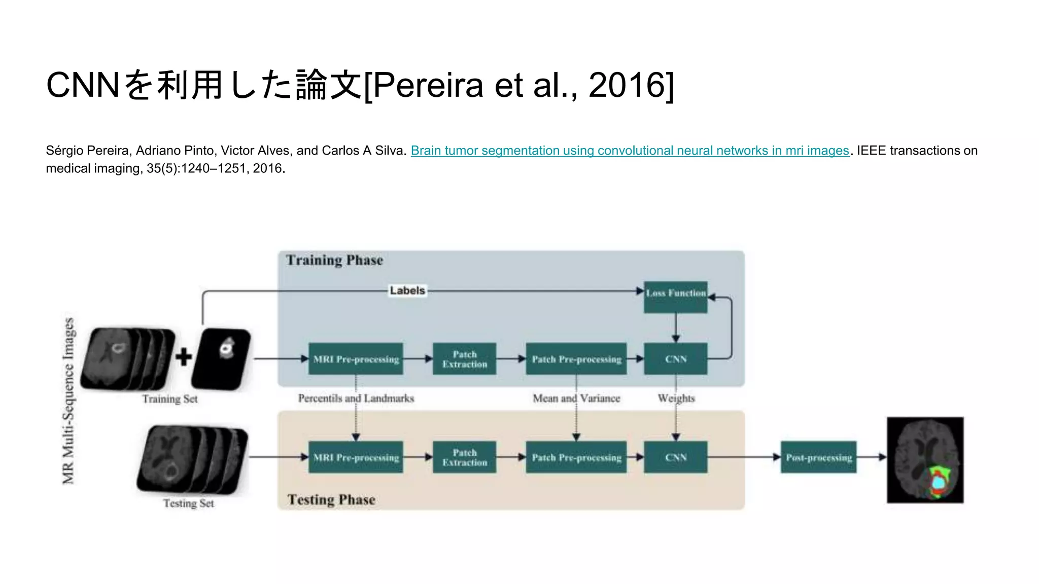 CNNを利用した論文[Pereira et al., 2016]
Sérgio Pereira, Adriano Pinto, Victor Alves, and Carlos A Silva. Brain tumor segmentation using convolutional neural networks in mri images. IEEE transactions on
medical imaging, 35(5):1240–1251, 2016.
 