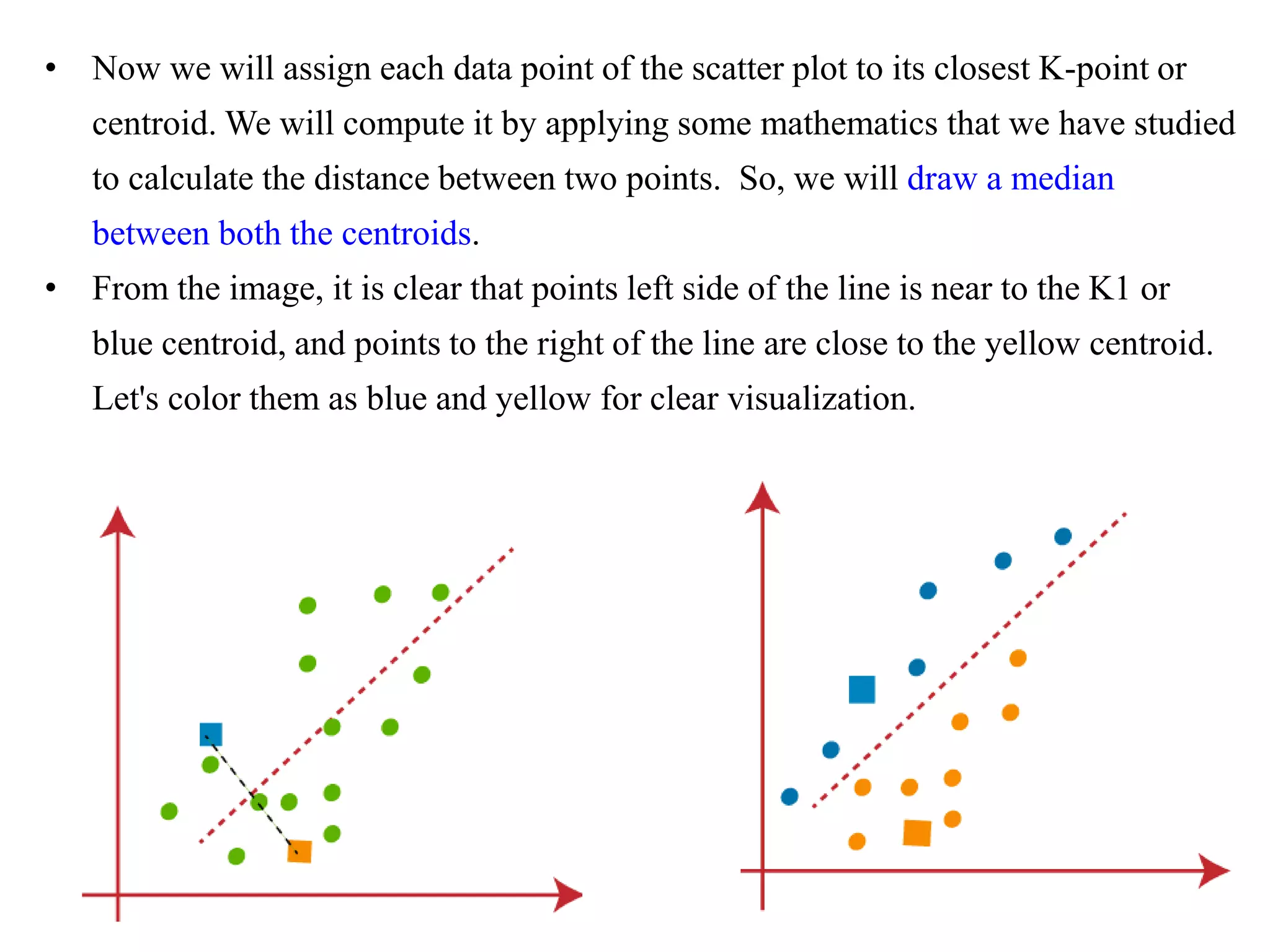 • Now we will assign each data point of the scatter plot to its closest K-point or
centroid. We will compute it by applying some mathematics that we have studied
to calculate the distance between two points. So, we will draw a median
between both the centroids.
• From the image, it is clear that points left side of the line is near to the K1 or
blue centroid, and points to the right of the line are close to the yellow centroid.
Let's color them as blue and yellow for clear visualization.
 