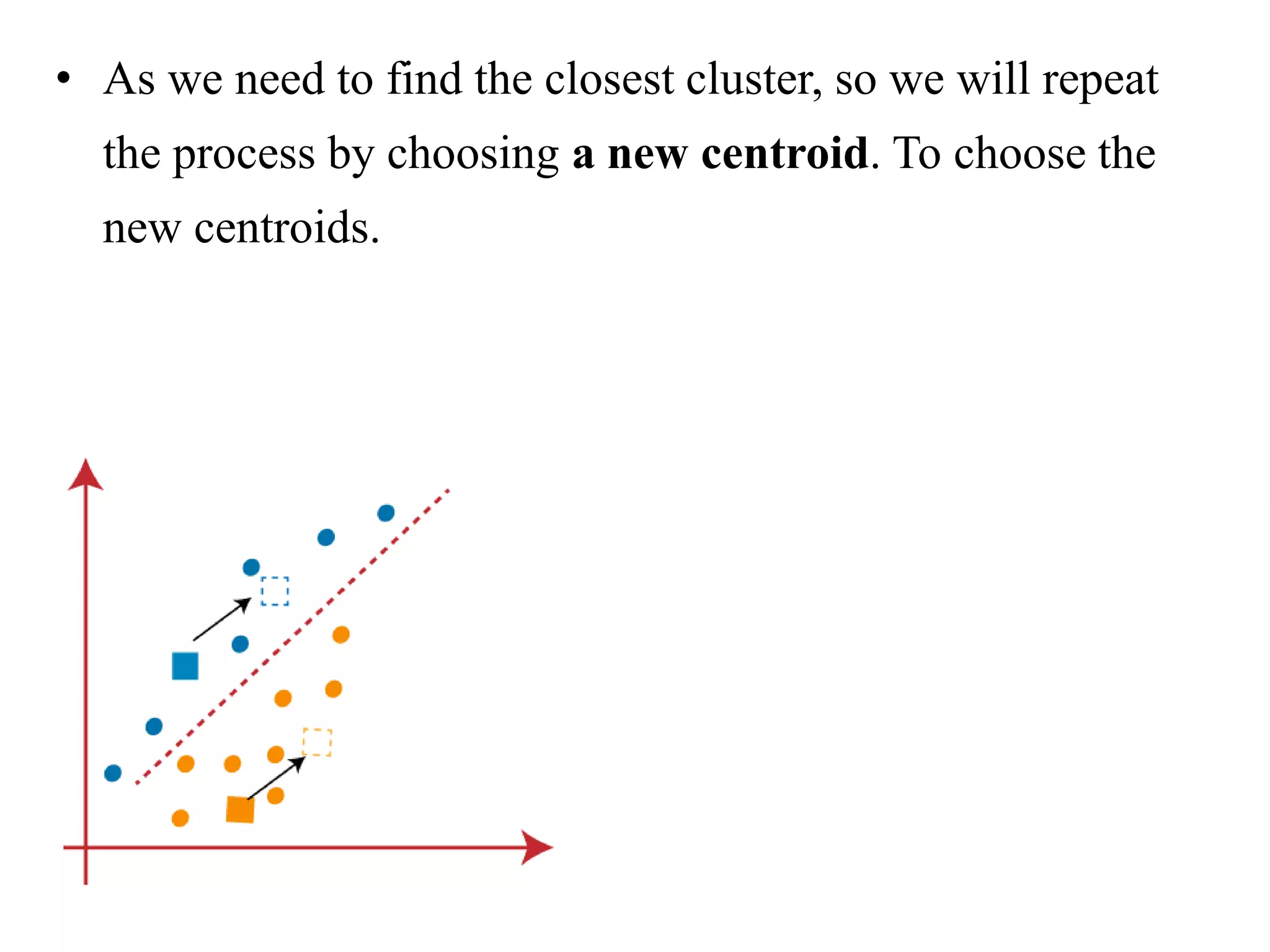 • As we need to find the closest cluster, so we will repeat
the process by choosing a new centroid. To choose the
new centroids.
 