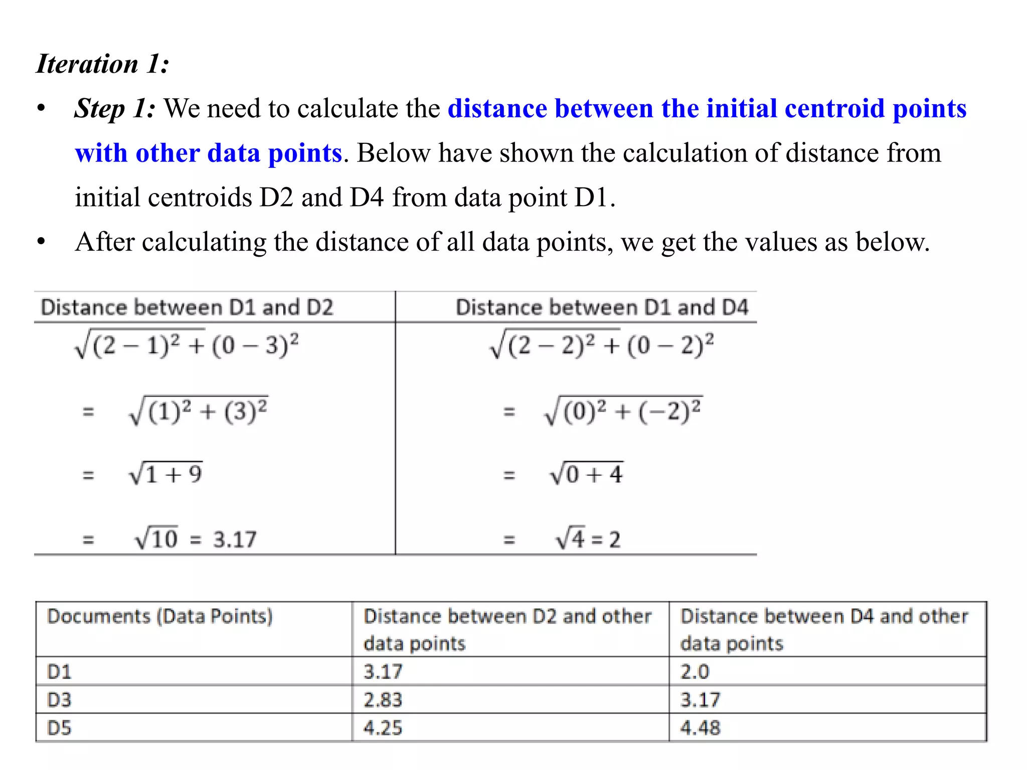 Iteration 1:
• Step 1: We need to calculate the distance between the initial centroid points
with other data points. Below have shown the calculation of distance from
initial centroids D2 and D4 from data point D1.
• After calculating the distance of all data points, we get the values as below.
 