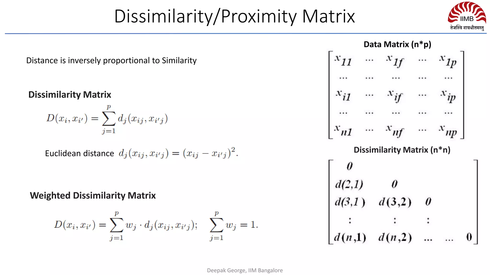 Dissimilarity/Proximity Matrix
Euclidean distance
Dissimilarity Matrix
Weighted Dissimilarity Matrix
Data Matrix (n*p)
Dissimilarity Matrix (n*n)
Distance is inversely proportional to Similarity
Deepak George, IIM Bangalore
 