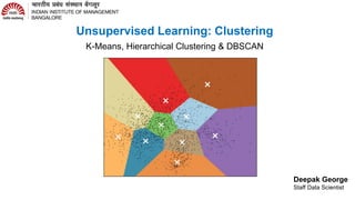 Deepak George
Staff Data Scientist
Unsupervised Learning: Clustering
K-Means, Hierarchical Clustering & DBSCAN
 