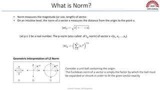 What is Norm?
Let p ≥ 1 be a real number. The p-norm (also called of Lp norm) of vector x =(x1, x2 ….,xn)
• Norm measures the magnitude (or size, length) of vector
• On an intuitive level, the norm of a vector x measures the distance from the origin to the point x.
Geometric Interpretation of L2 Norm
Consider a unit ball containing the origin.
The Euclidean norm of a vector is simply the factor by which the ball must
be expanded or shrunk in order to fit the given vector exactly
Deepak George, IIM Bangalore
 