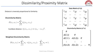 Dissimilarity/Proximity Matrix
Euclidean distance
Dissimilarity Matrix
Weighted Dissimilarity Matrix
Data Matrix (n*p)
Dissimilarity Matrix (n*n)
Distance is inversely proportional to Similarity
Deepak George, IIM Bangalore
 